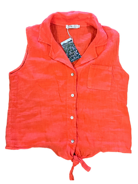 NWT Pure Linen Made in Italy Sleeveless Tie-Front Button Down Top Coral L